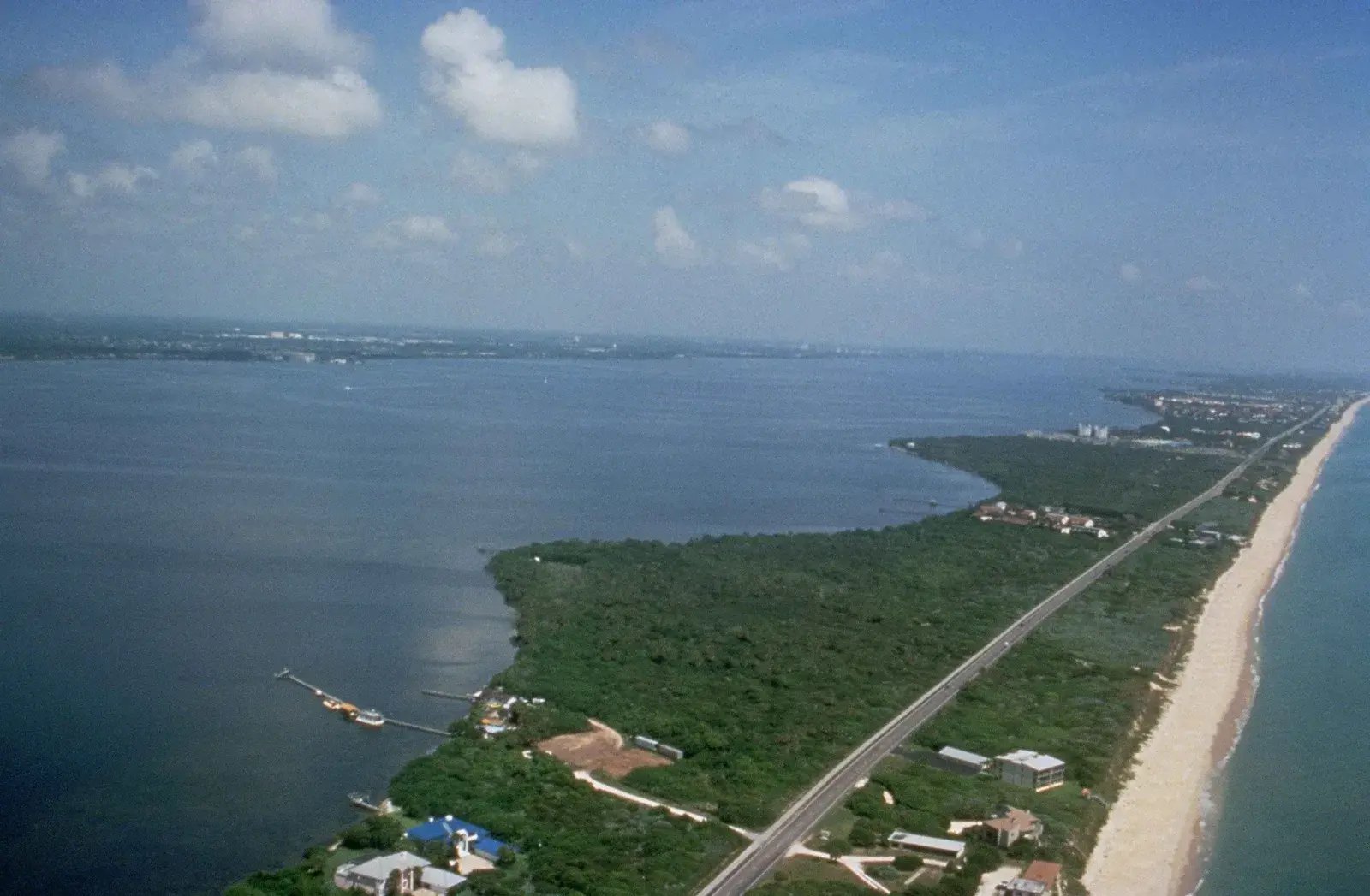 Aerial of Indialantic, Florida: the beachside barrier island between the Atlantic Ocean and the Indian River Lagoon