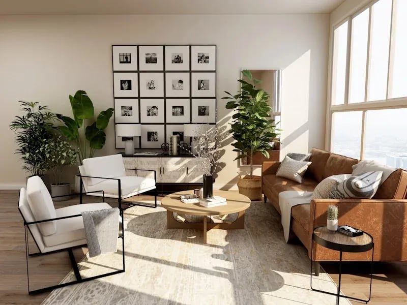 A sunlit living room with linen armchairs, a leather sofa and potted plants beside a full-height window